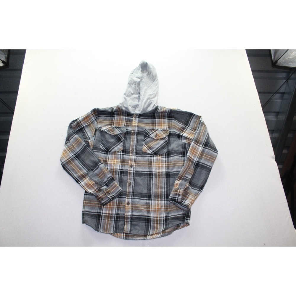 RSQ Hooded Flannel Shirt Mens Large Gray Black Tan Good Plaid Button Up